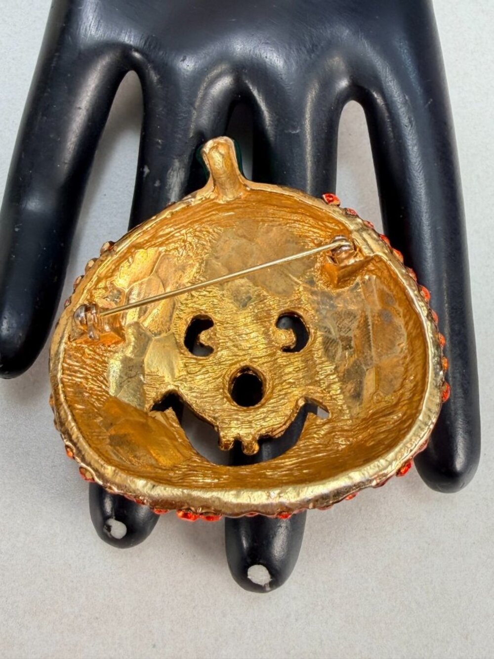 Vintage Halloween Jack O Lantern Pumpkin Rhinestone Brooch Orange Crystal Pin - Picture 2 of 7